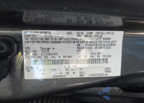 2016 Ford Focus Se из США, поврежденный, VIN 1FADP3F2XGL278894